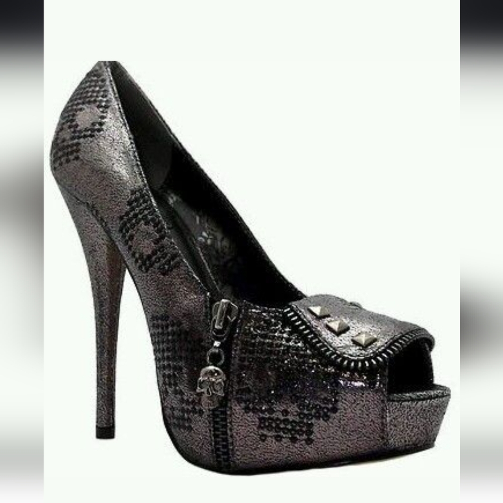 Iron Fist Pewter Metallic Studded Peep-Toe Stiletto Heels